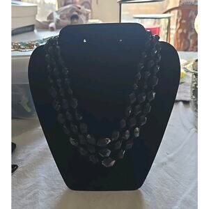Vtg Black 3-Strand Faceted‎ Stone Western Germany Statement Necklace Jewelry